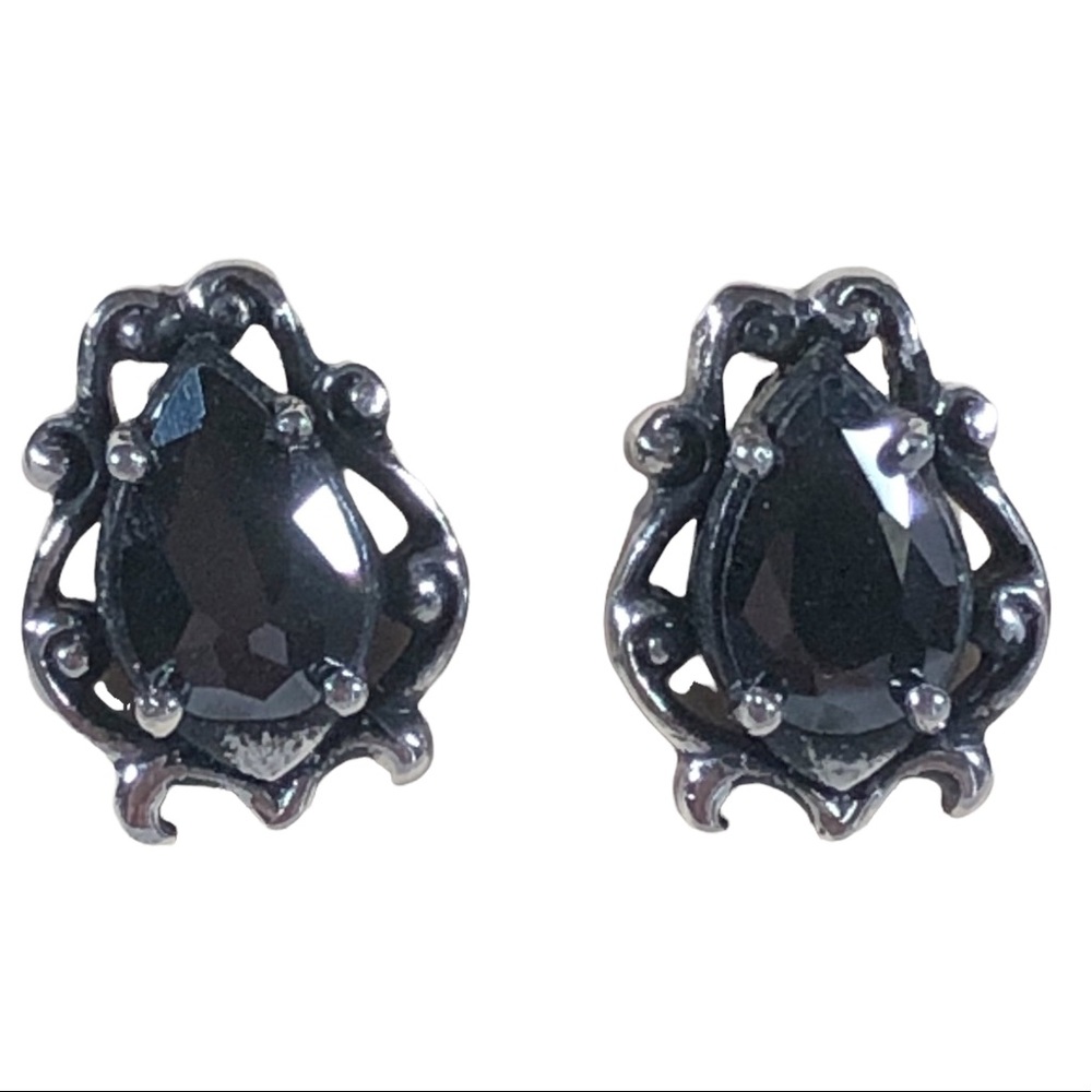 Earrings Black Stone Silver Tone Pierced
